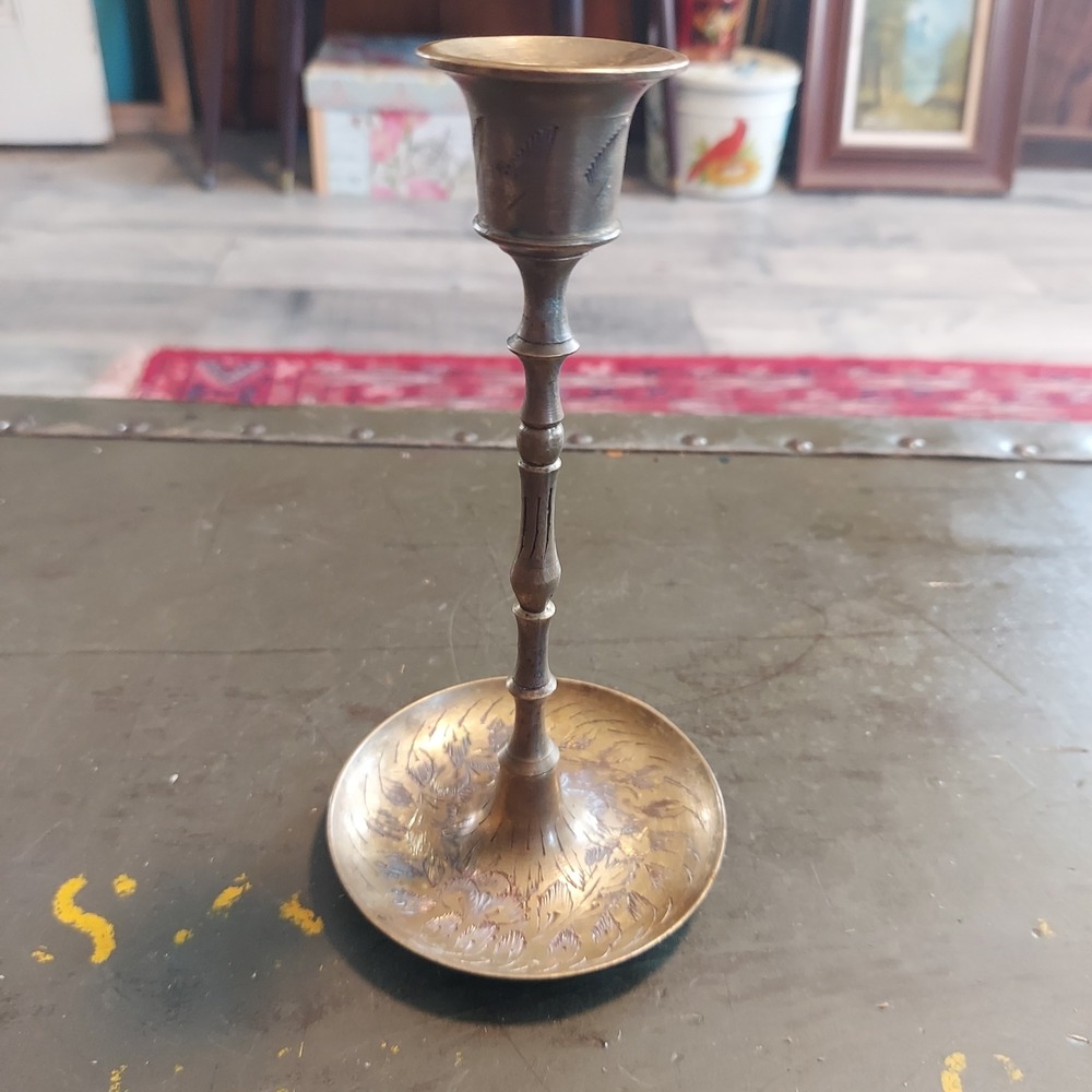 Vintage Etched Brass Taper Candlestick Holder 6" Made in India Floral Pattern